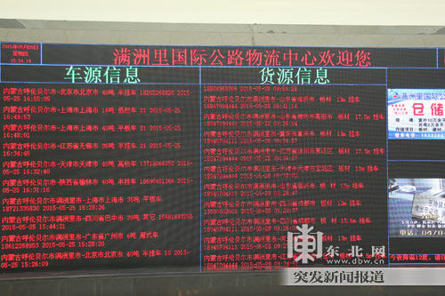 满洲里国际公路物流中心大屏幕循环播放物流供求信息。东北网记者王忠岩摄