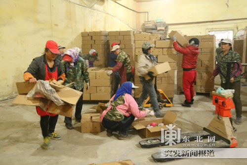 满洲里国际物流中心内，工人们正在筛选准备出口的苹果。东北网记者王忠岩摄